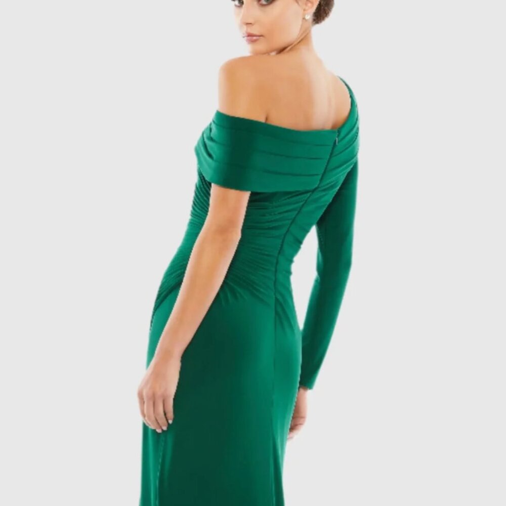 Ieena for Mac Duggal  Green Ruched Jersey Drop Shoulder Foldover Gown - Picture 5 of 9